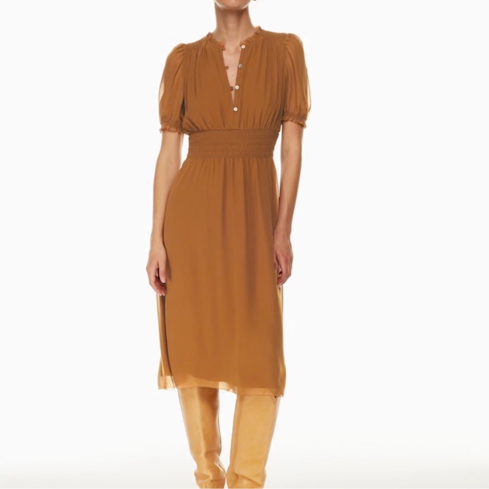 Aritzia Rust Brown Smocked-Waist Midi Dress